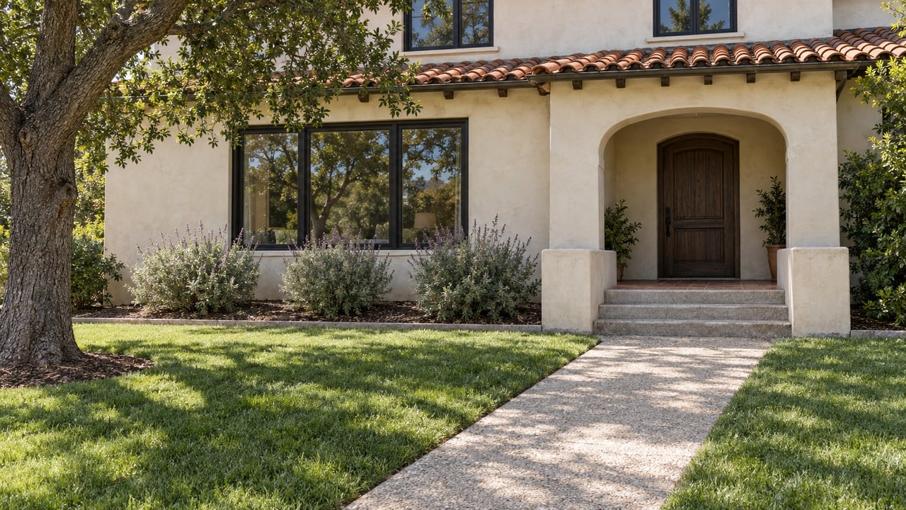 Sunlit stucco home with a clay-tile roof, recessed arched porch, broad front lawn and mature oak.