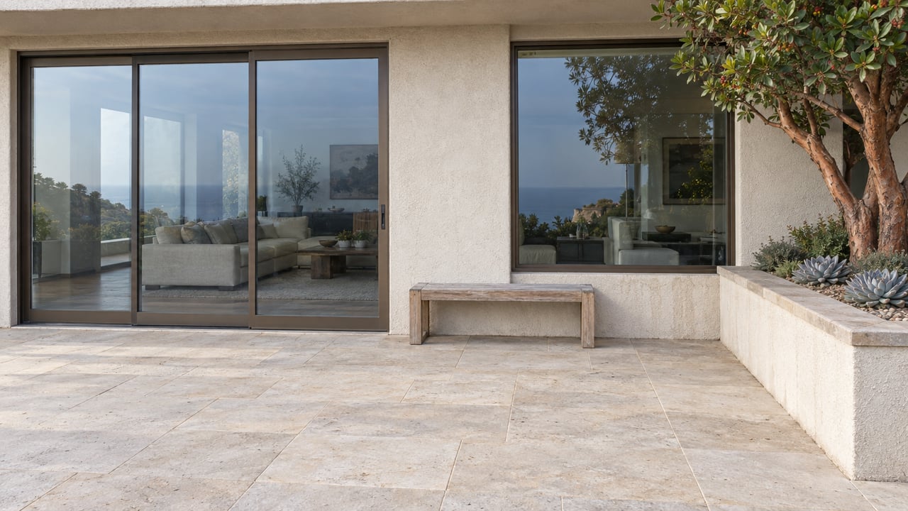 Pale sandstone terrace beside an off-white stucco home with bronze-framed glass doors, a weathered teak bench and a raised planter containing a branching strawberry tree and chalky succulent rosettes.