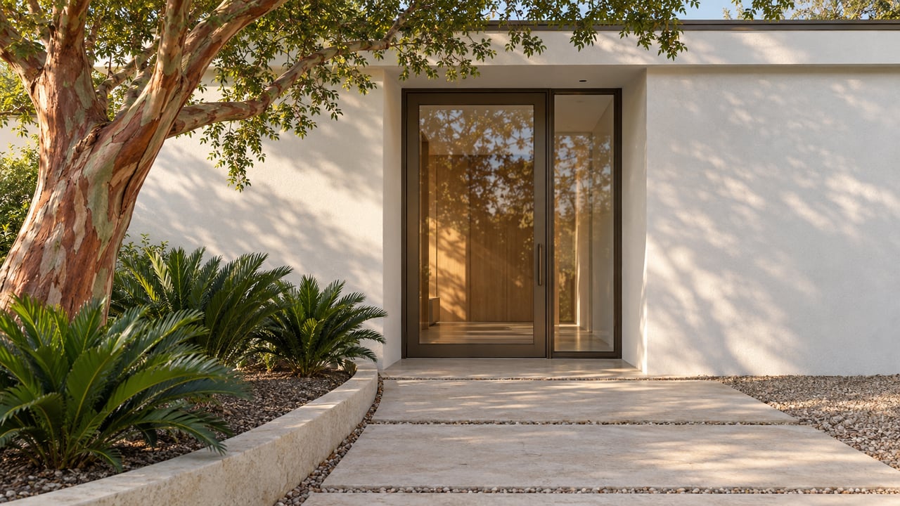 White stucco residence with a bronze-framed glass entry, limestone approach slabs, and a spreading tree.