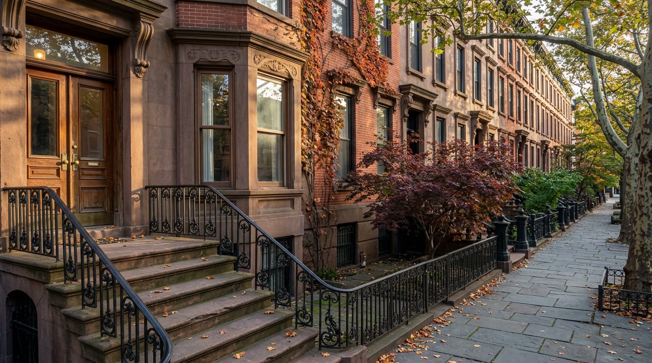 Brownstone stoop with wrought-iron railing, red-orange ivy, and fallen leaves on a tree-lined row-house street.