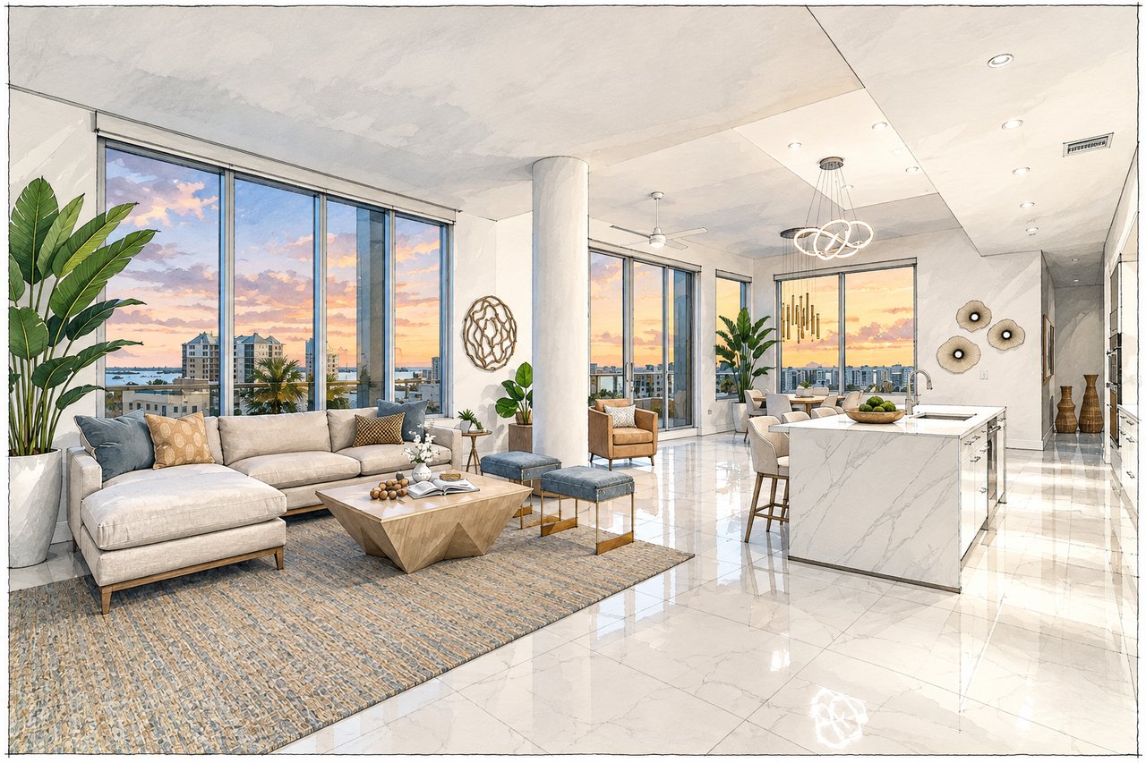Furnished condo living room and kitchen with floor-to-ceiling windows overlooking water and the city at sunset.