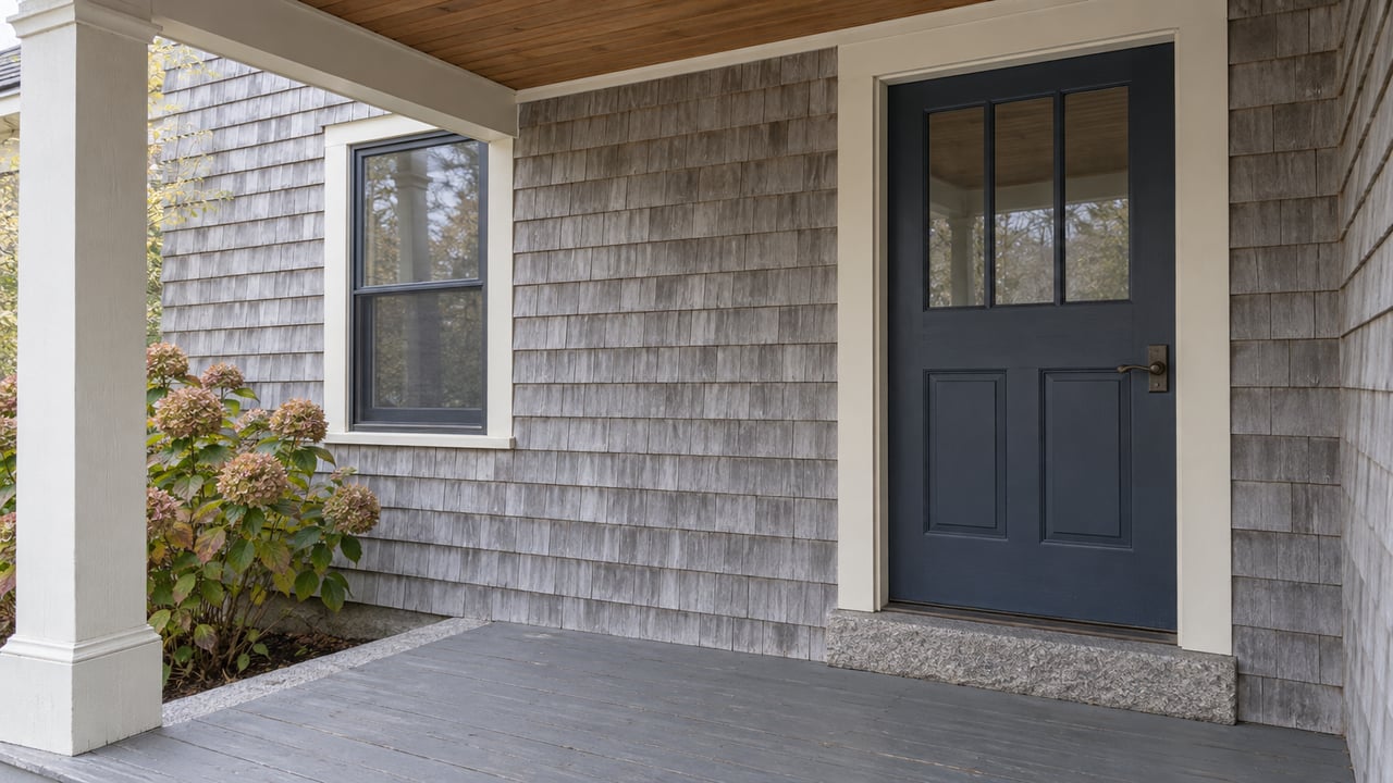 Weathered cedar shingles and a navy glazed entry door beneath a wood-lined porch, with a granite step and fading hydrangea.