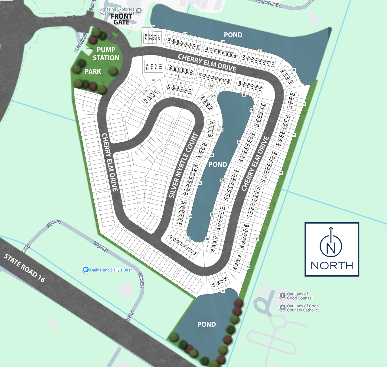 Cherry Elm at Silverleaf community map with numbered lots, ponds, a park, and the front gate.