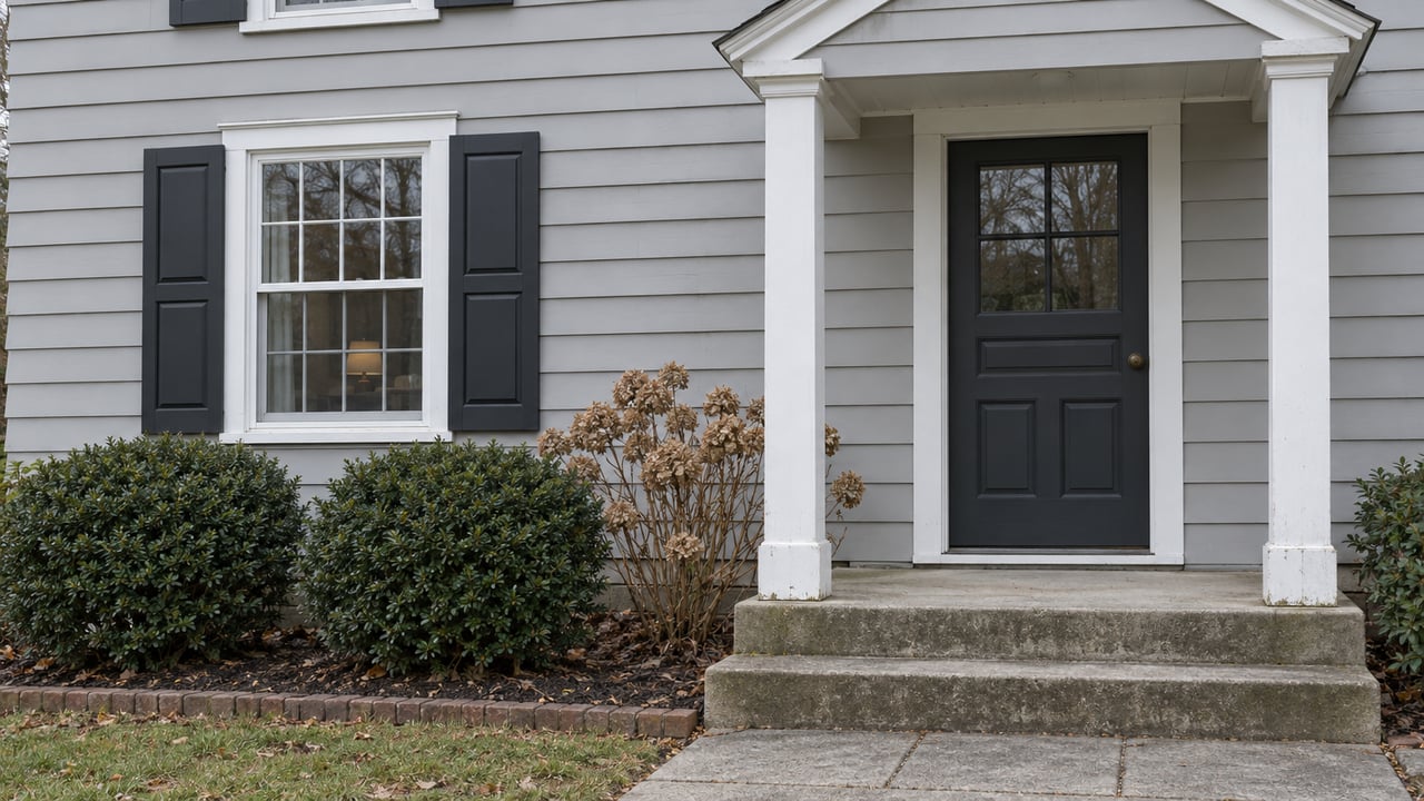 Pale-gray traditional home with a white covered entry, charcoal door and shutters, and late-autumn foundation planting.