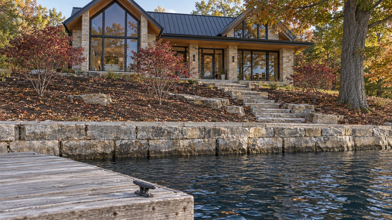 Lake house above a wooded slope, with limestone terraces, stone steps, and a weathered dock beside blue water.