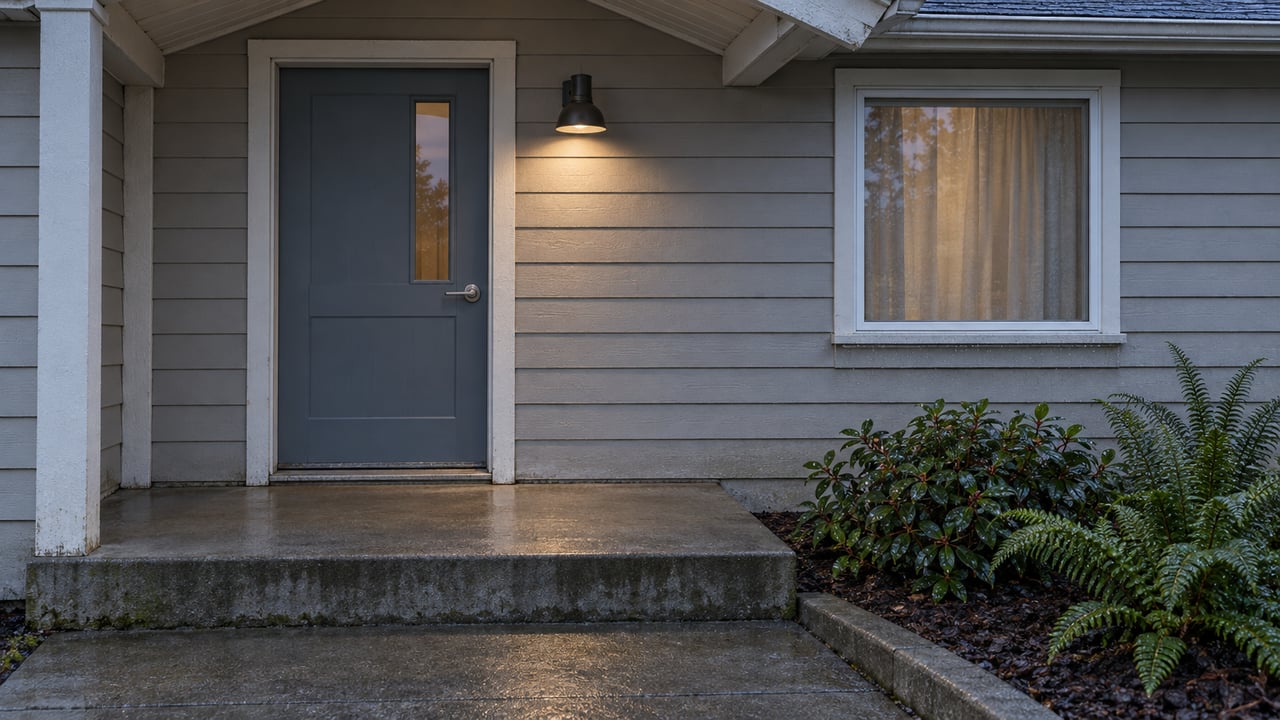 A sheltered entrance with pale gray lap siding, a blue-gray door, a warm porch light, and rain-darkened concrete beside salal and sword ferns.