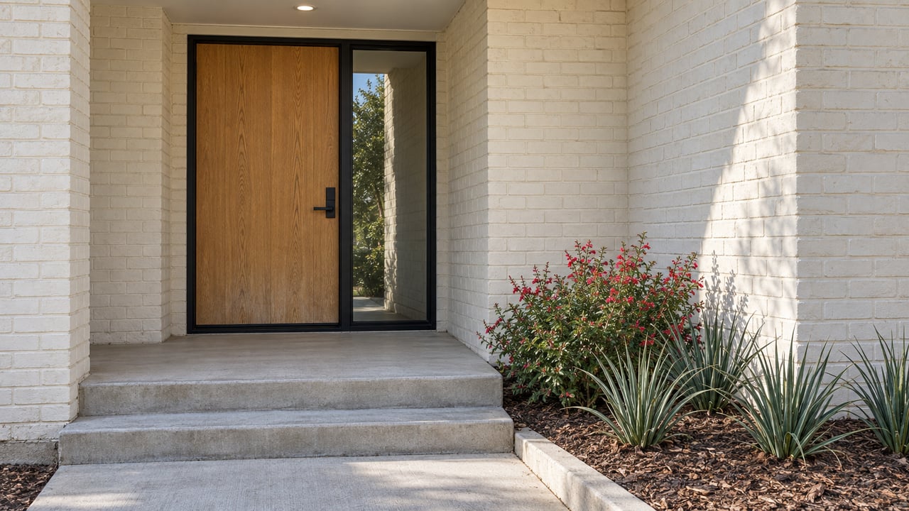 Sheltered home entry with an oak door, black-framed sidelight, pale painted brick and concrete steps beside flowering salvia and red yucca.