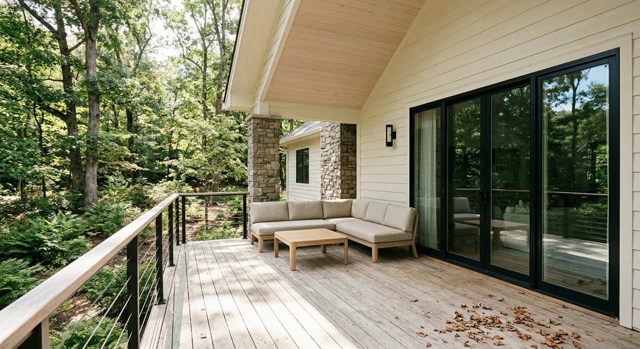 Covered wooden deck with a gray sectional, coffee table, stone column, glass doors, and wooded trees beyond cable railing.