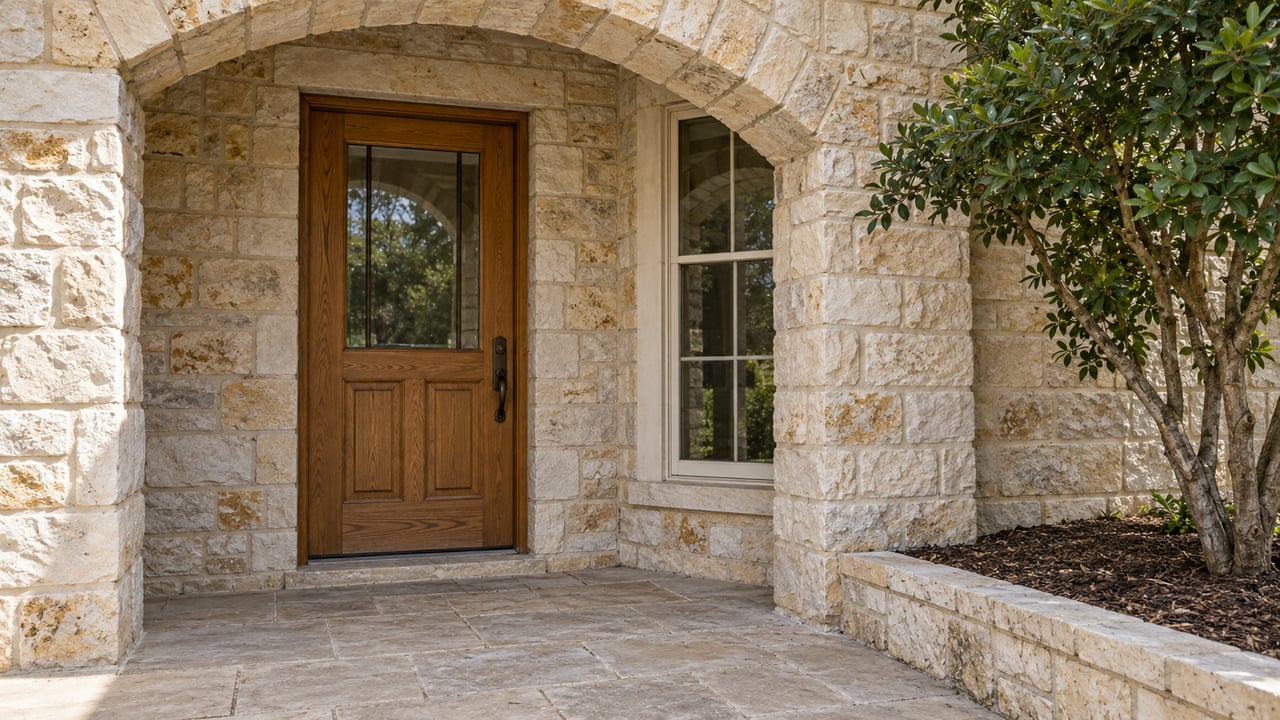 Close view of an arched limestone home entry with a closed oak door, cream-trimmed window and mountain laurel beside a stone porch.