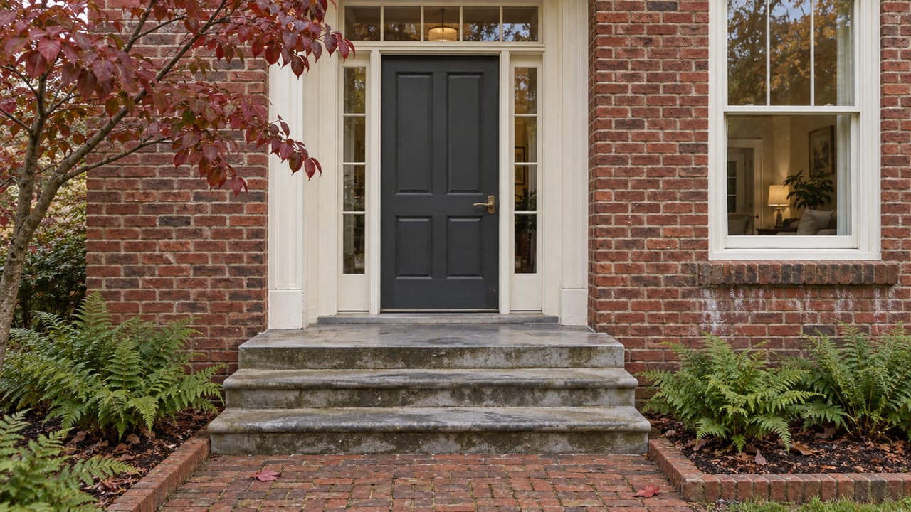 Red brick home's charcoal front door with ivory sidelights, limestone steps and autumn dogwood foliage.
