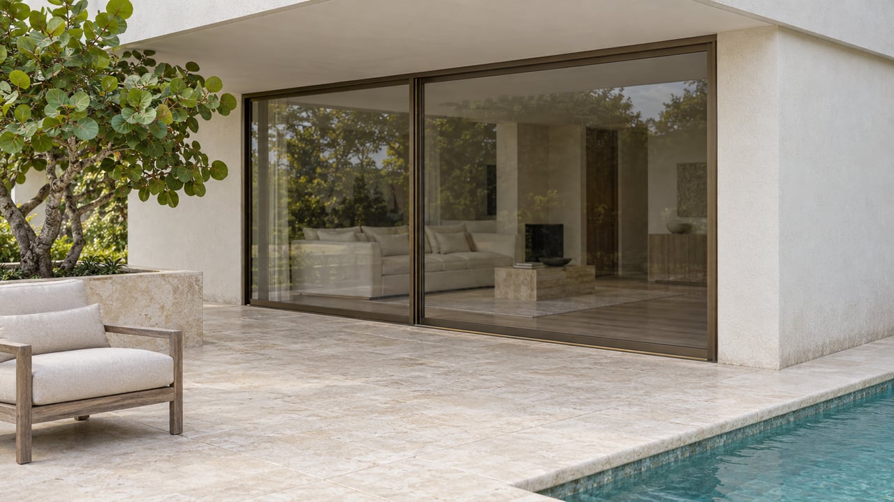 Covered terrace with limestone paving, bronze-framed glass, a teak lounge chair and a blue-green pool corner.
