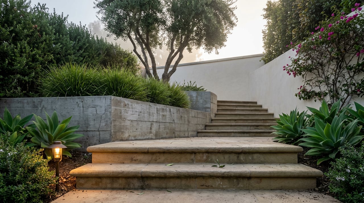 Sandstone stairs climb through a terraced garden, past concrete walls, olive trees, agaves, and a glowing path light.