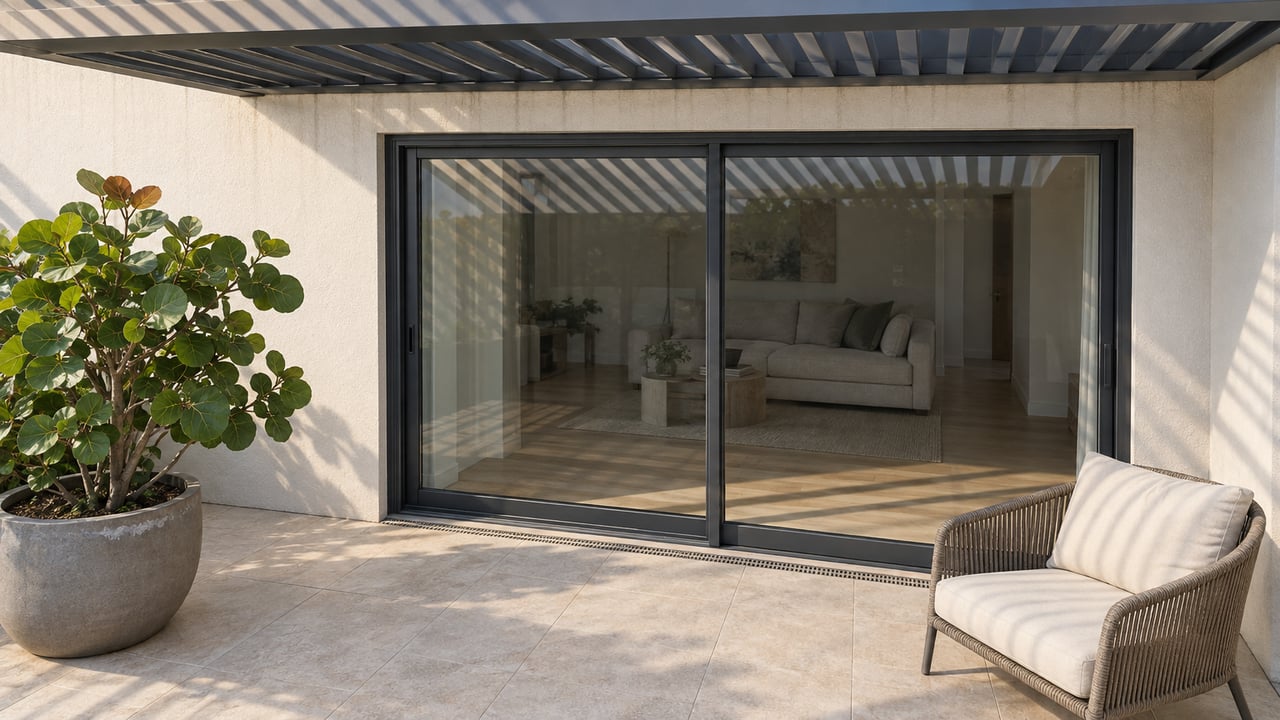 Morning sunlight stripes a private terrace outside closed charcoal-framed glass doors, with a sea grape specimen and one woven lounge chair.