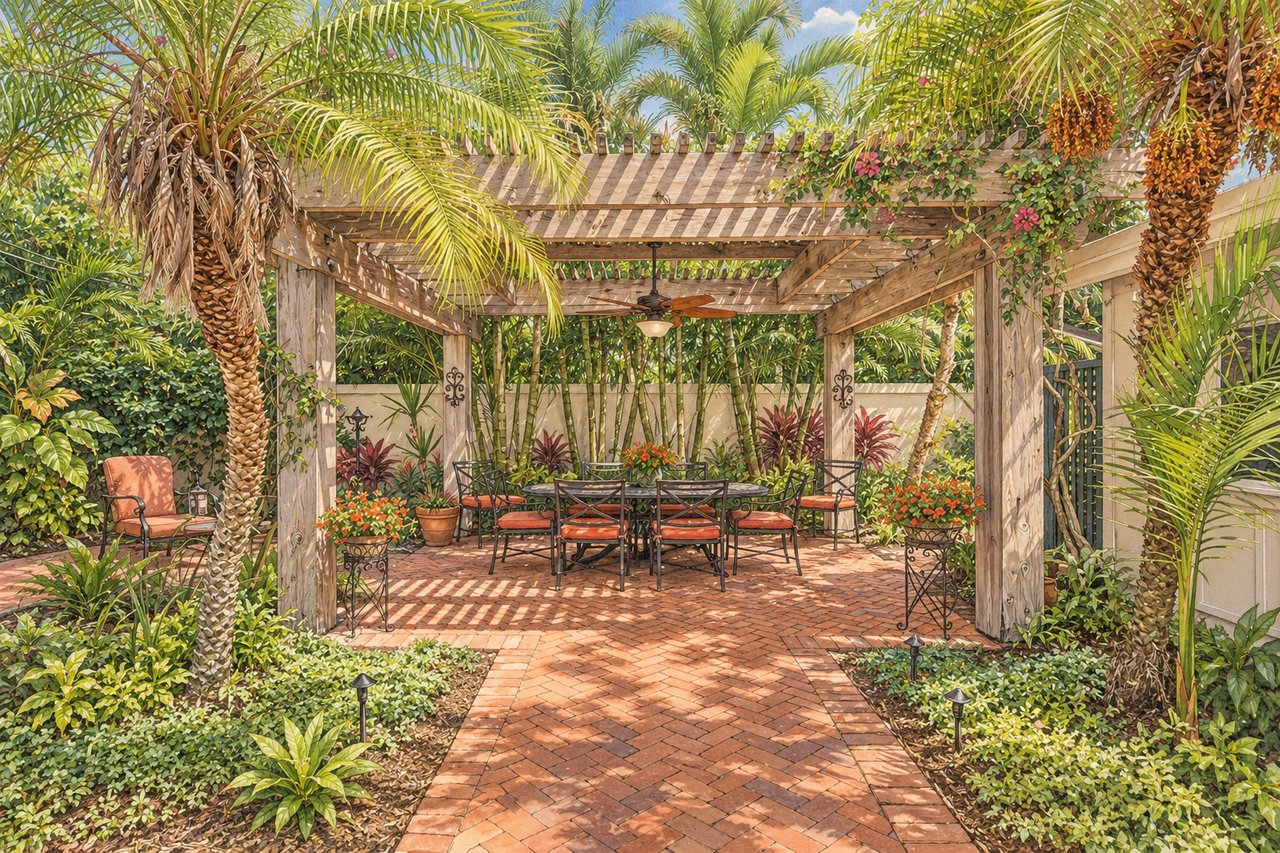 Brick courtyard patio beneath a wooden pergola, surrounded by tropical plants and furnished with a dining set.