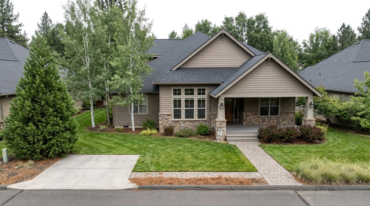 Detached taupe home with multi-gabled roof, stone porch, tall windows, and cedar and aspen trees.