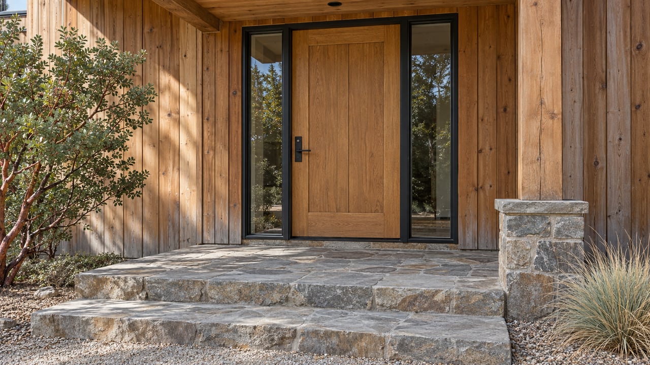 Cedar-clad home entry with an oak door, paired narrow sidelights, timber porch support and weathered stone steps beside manzanita and Idaho fescue.