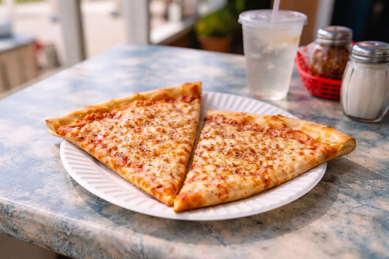 New York style pizza slices on a plate with casual summer setting