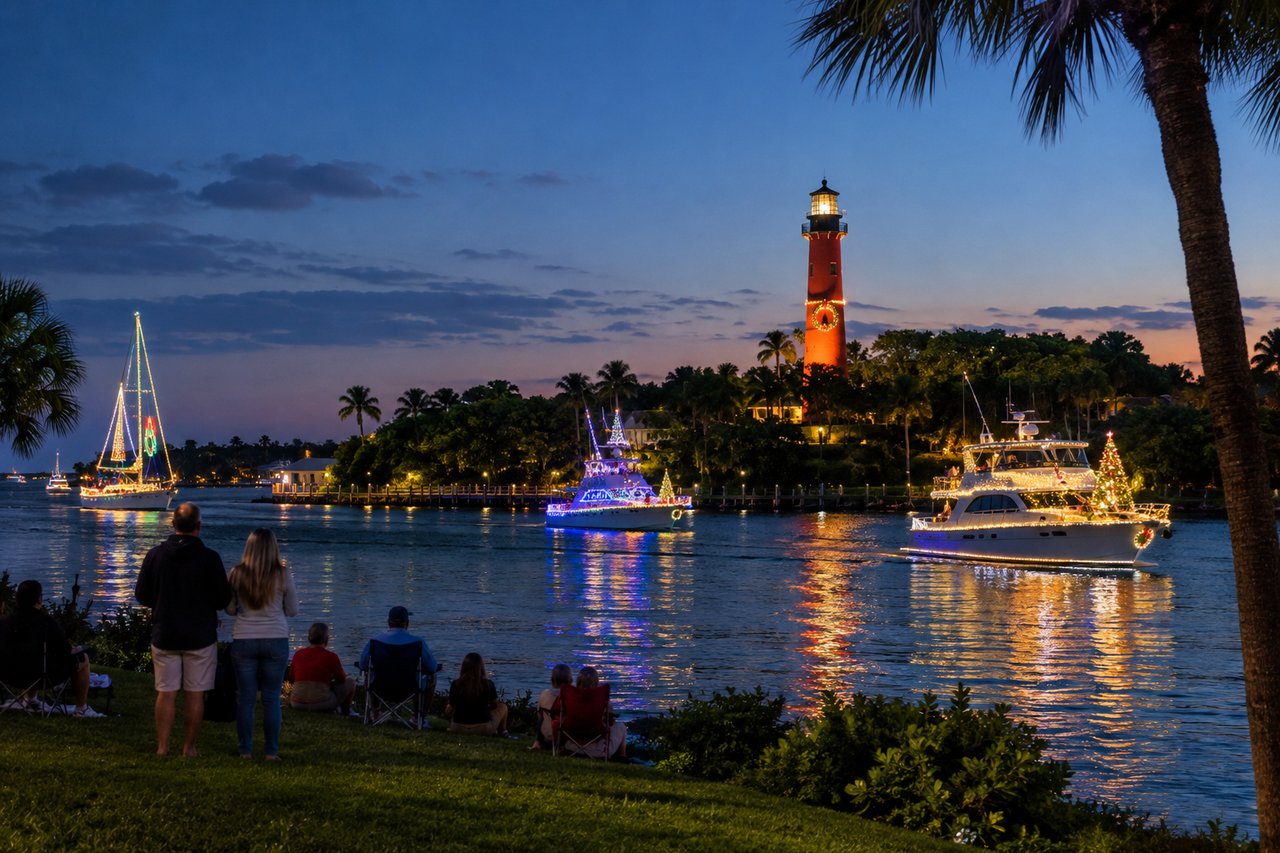 Lighted boats in the holiday boat parade passing the Jupiter Inlet Lighthouse as families watch from the shore in Jupiter, Florida