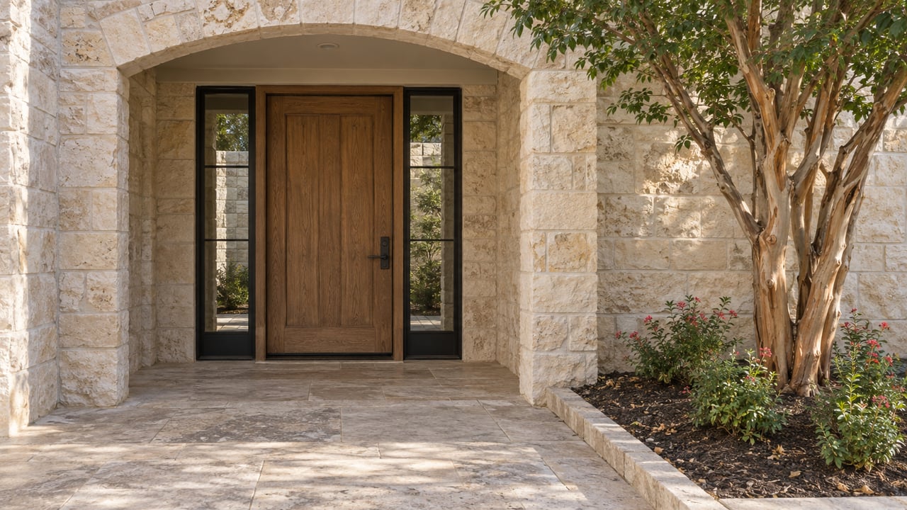 Limestone arched home entry with an oak door, paired black-framed sidelights, and a sculptural flowering tree beside the courtyard paving.