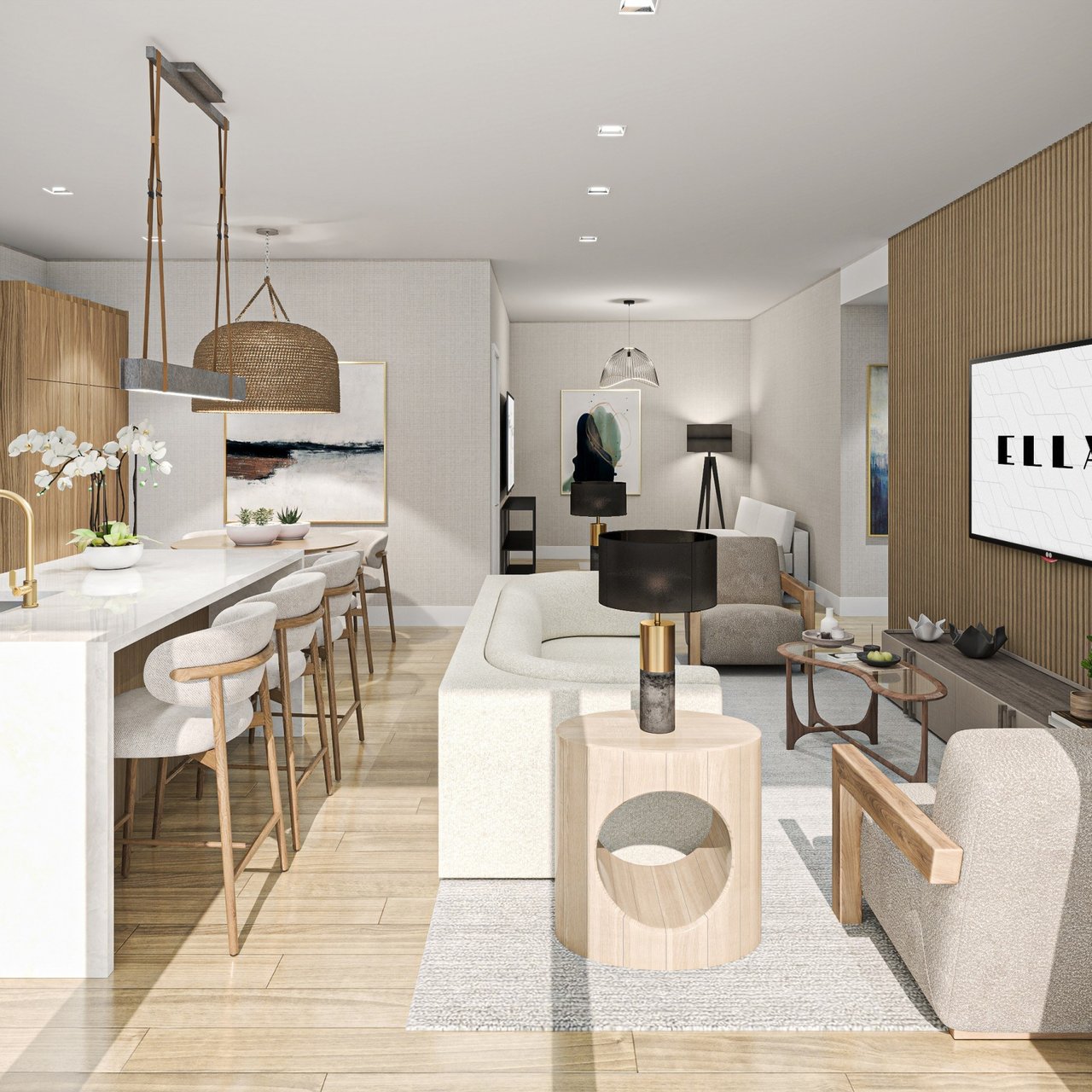 Rendering of a penthouse kitchen and dining area at Ella Miami Beach.