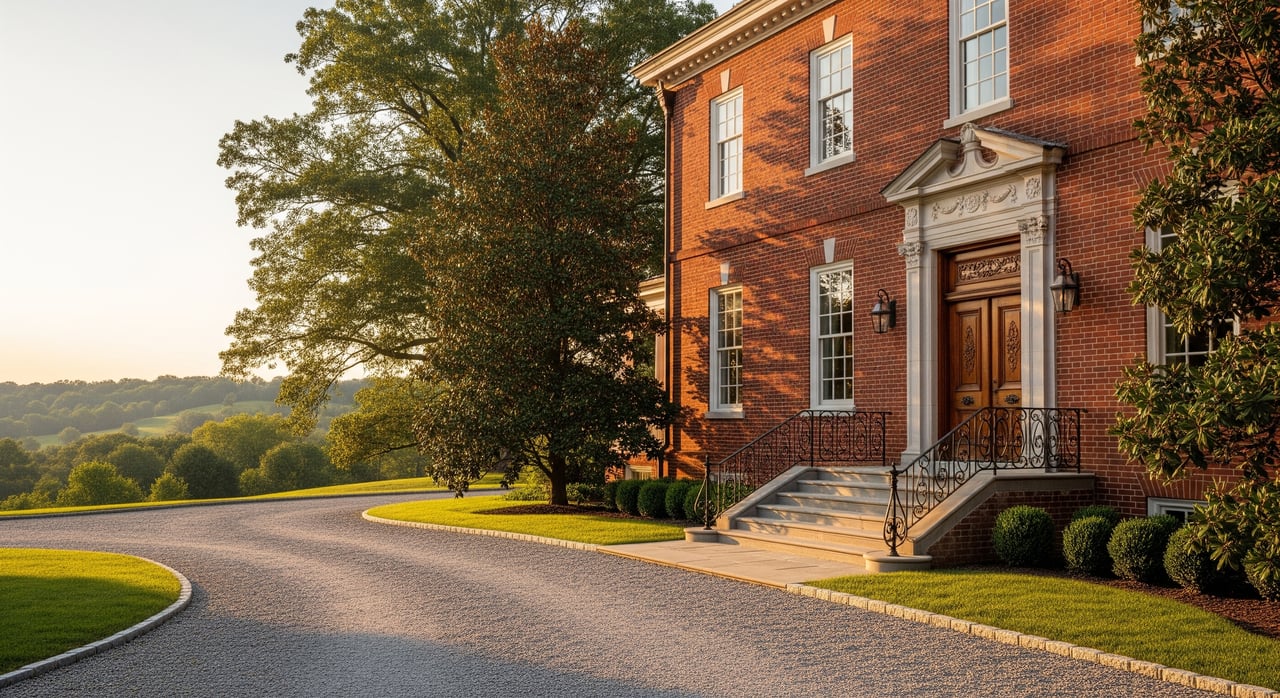 Red-brick building with a columned entrance beside a curving road and leafy trees.