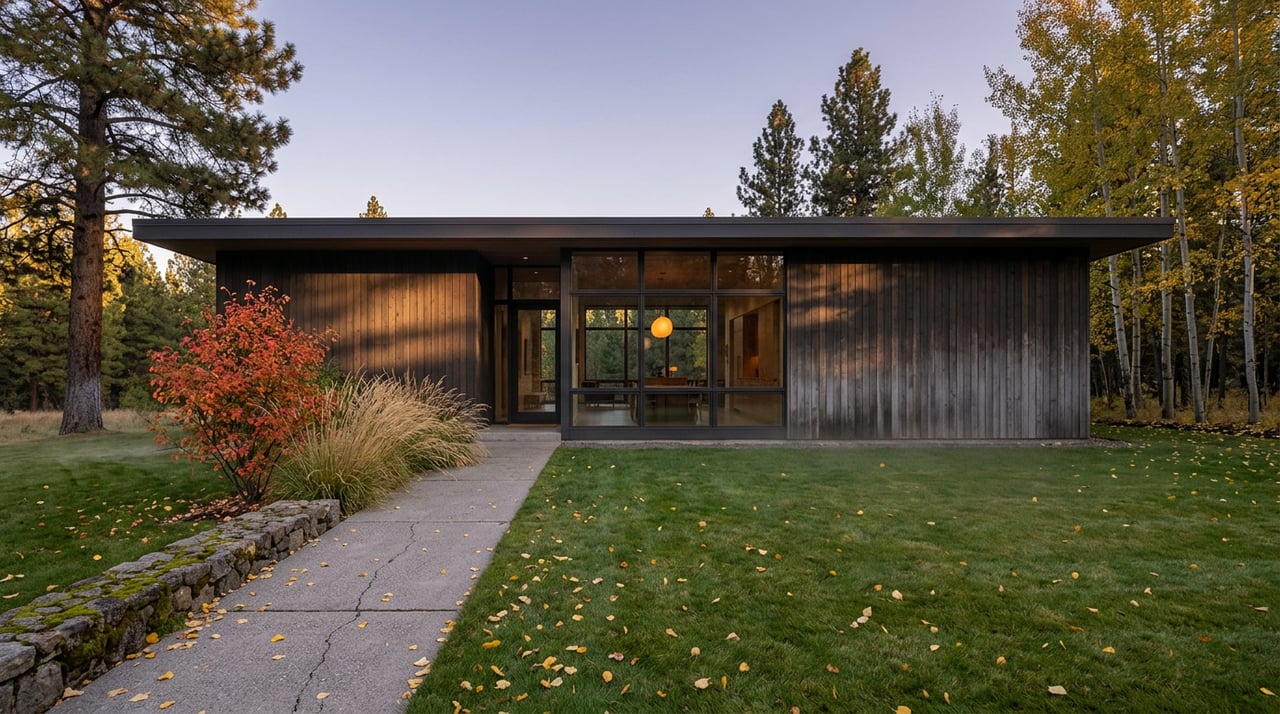 Mountain-modern home with dark cedar siding, glowing glass facade, concrete path, and gold aspens.