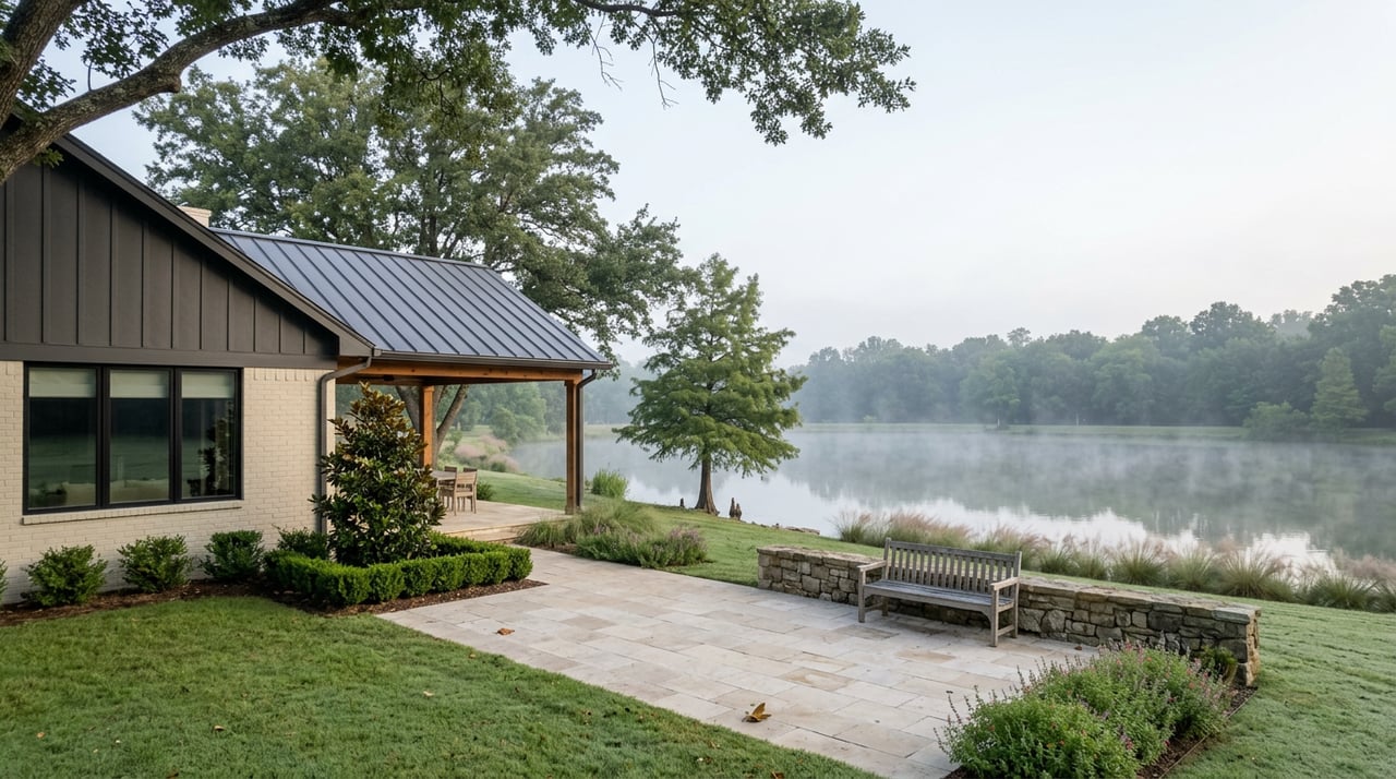 One-story home with a covered stone patio beside a still pond, framed by lawn and mature trees.
