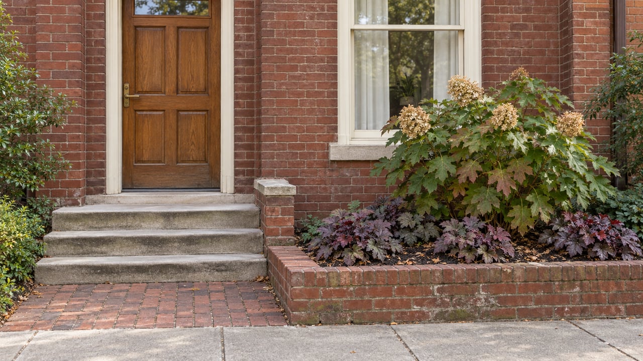 Red brick rowhouse entry with an oak door, limestone steps and a small hydrangea garden beside a tall window.