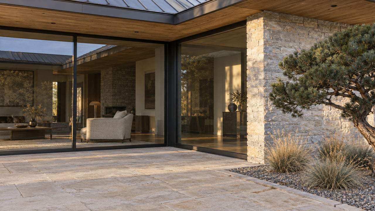 Autumn sunlight crosses a limestone terrace outside a timber-roofed home with closed corner glazing and a sculptural singleleaf pine.