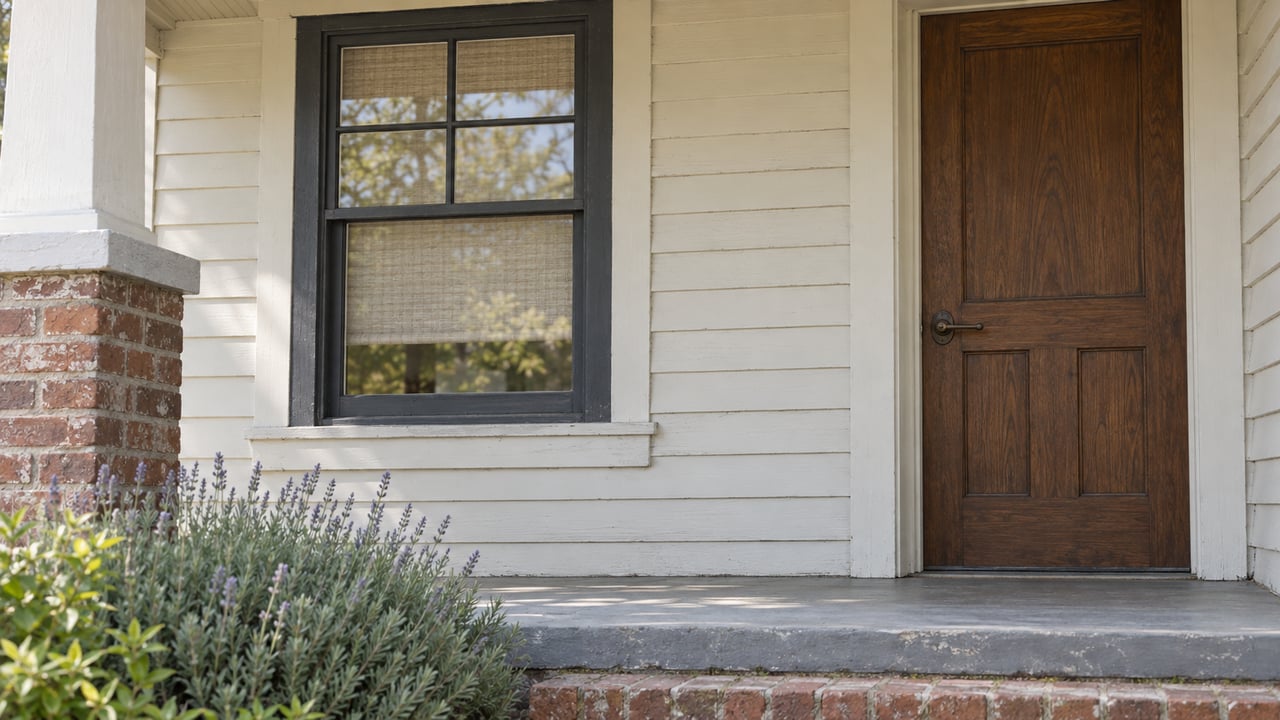 Older house facade with a charcoal-paned window, walnut-brown door, brick pier, and lavender at the porch base.