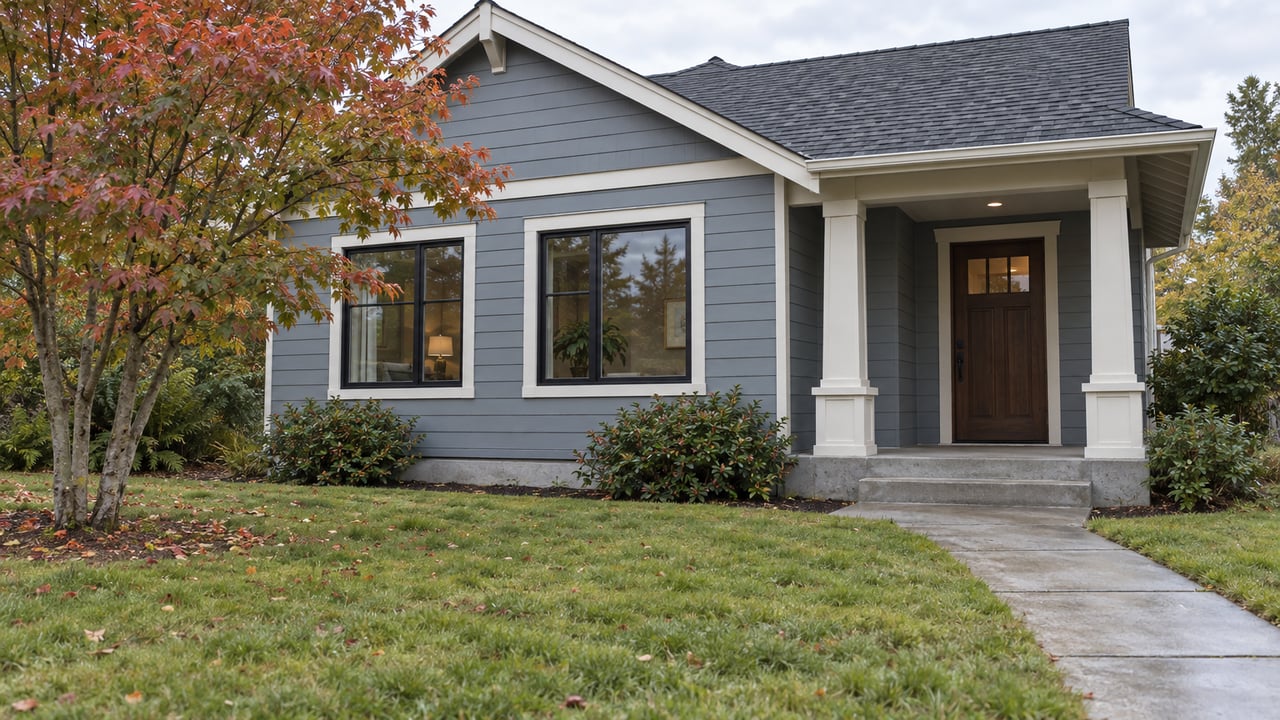 Blue-gray suburban home with a recessed porch, two front windows, concrete walk, and lawn framed by a small tree.