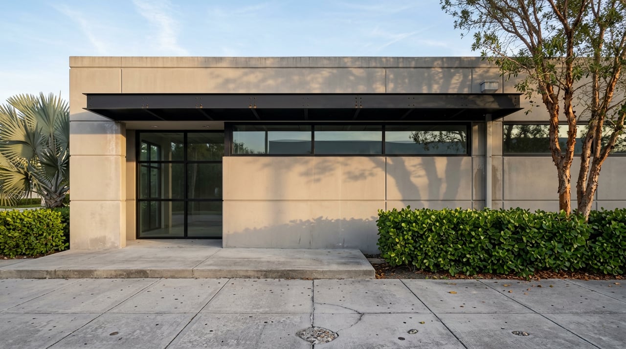 Retail storefront with black-framed glazing, warm-gray concrete panels, a clusia hedge, and tropical trees.