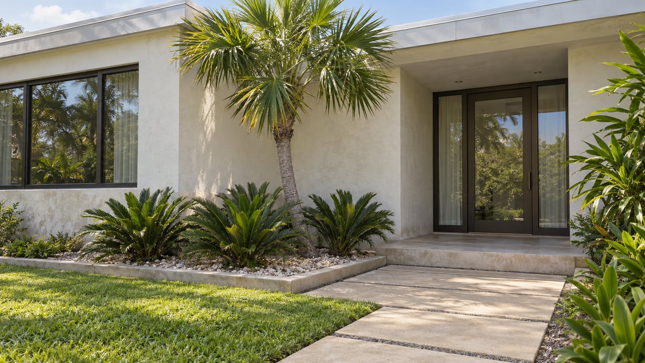 Light stucco home with a recessed glass entry, sand-colored paver approach, and a sculptural fan palm in a shell-mulched garden.