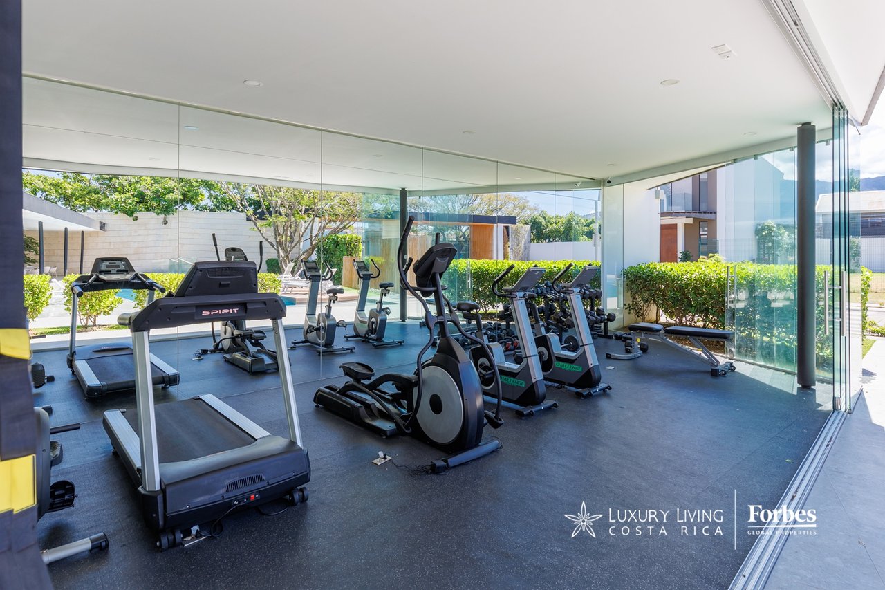 Glass-walled gym with treadmills, bikes, elliptical machines, and free weights beside landscaped greenery.