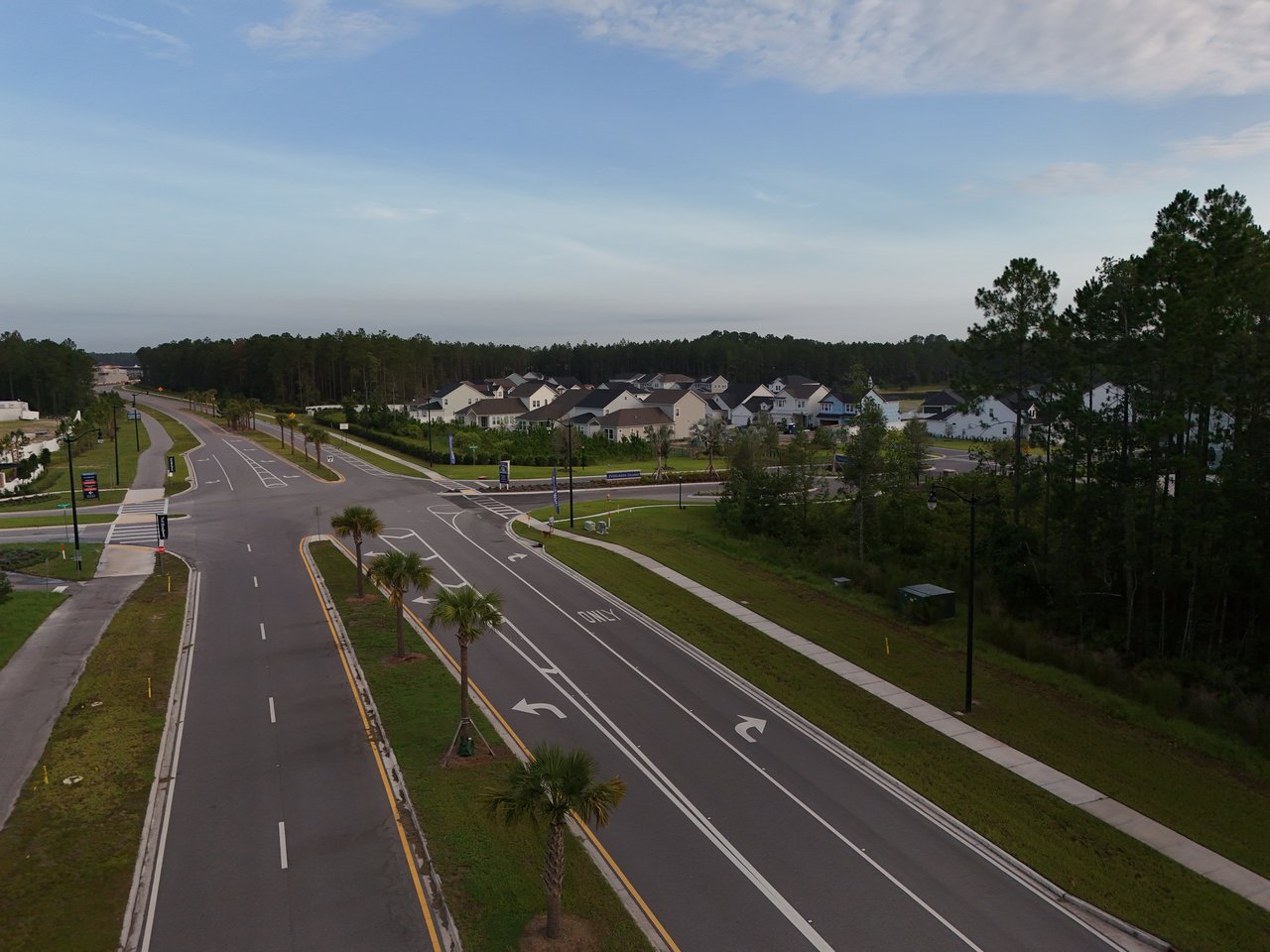 Evergreen Island neighborhood homes beyond a landscaped intersection, framed by tall pine trees.