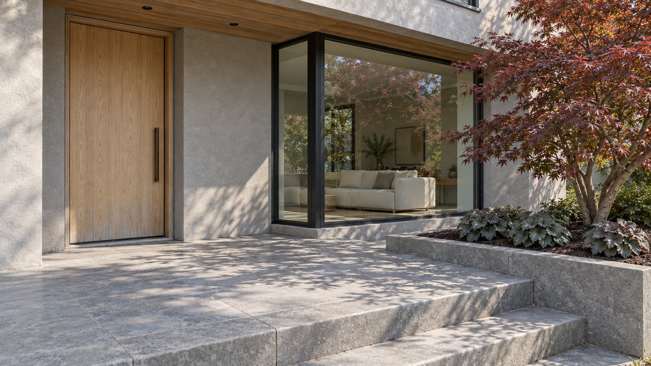 Contemporary home entrance with a pale wood door, large black-framed window, gray stone steps and a Japanese maple in a raised planter.