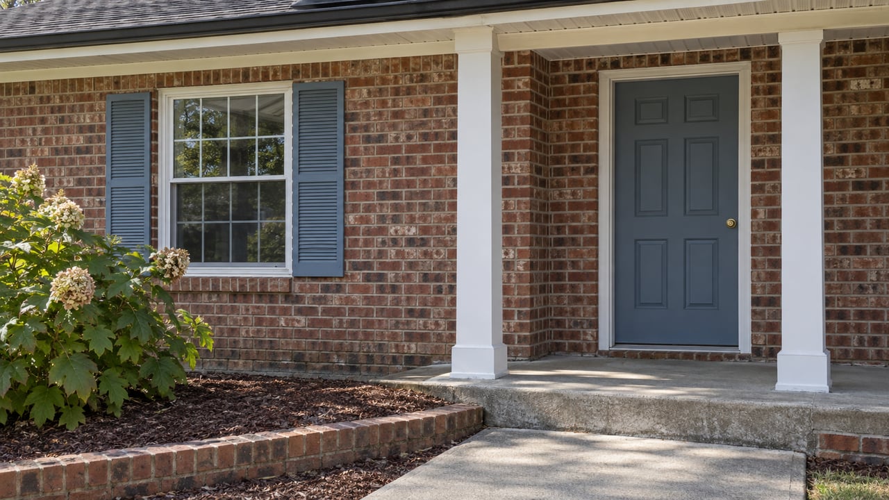 Close view of a red-brown brick house with a blue-gray front door, white porch columns, paired window shutters and a weathered concrete stoop.