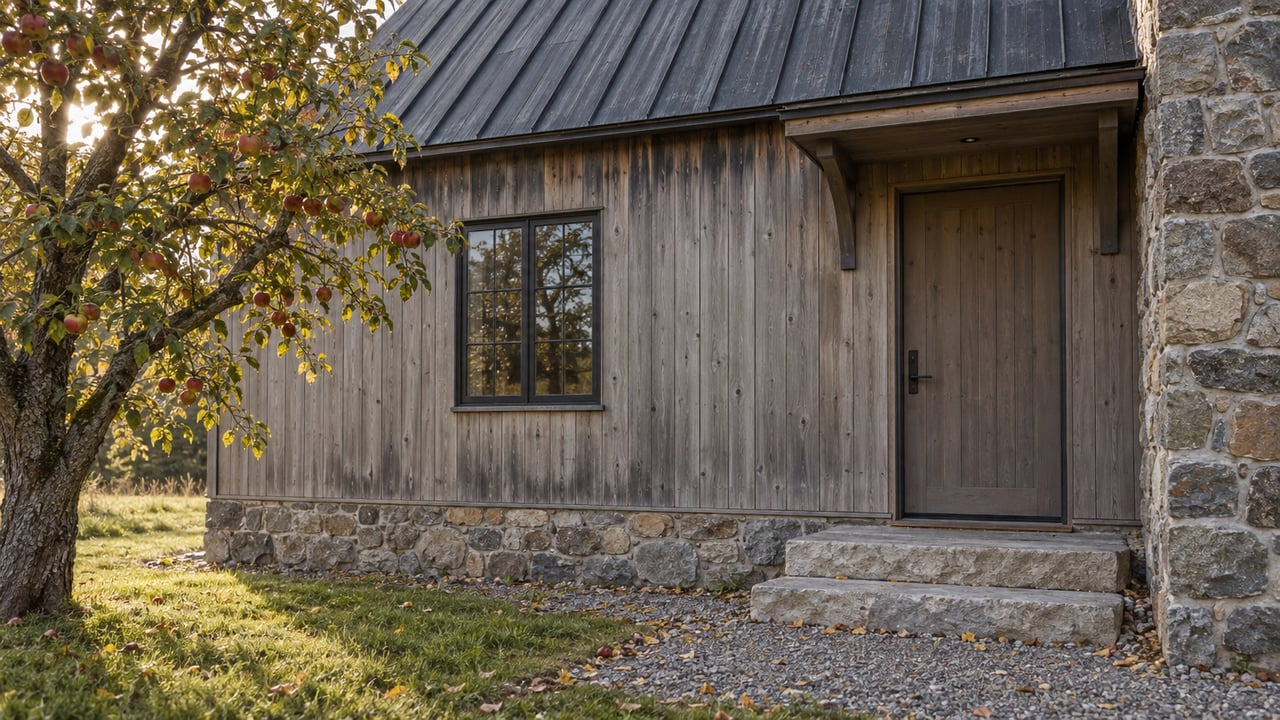 Cedar-clad house side entry with limestone steps, fieldstone chimney, and an apple tree at left.