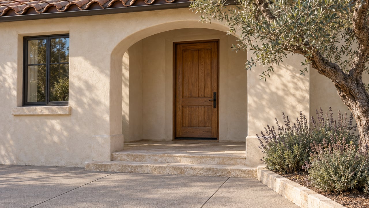 Sunlit stucco home entrance with an arched porch, oak door, limestone steps, and a mature olive tree.