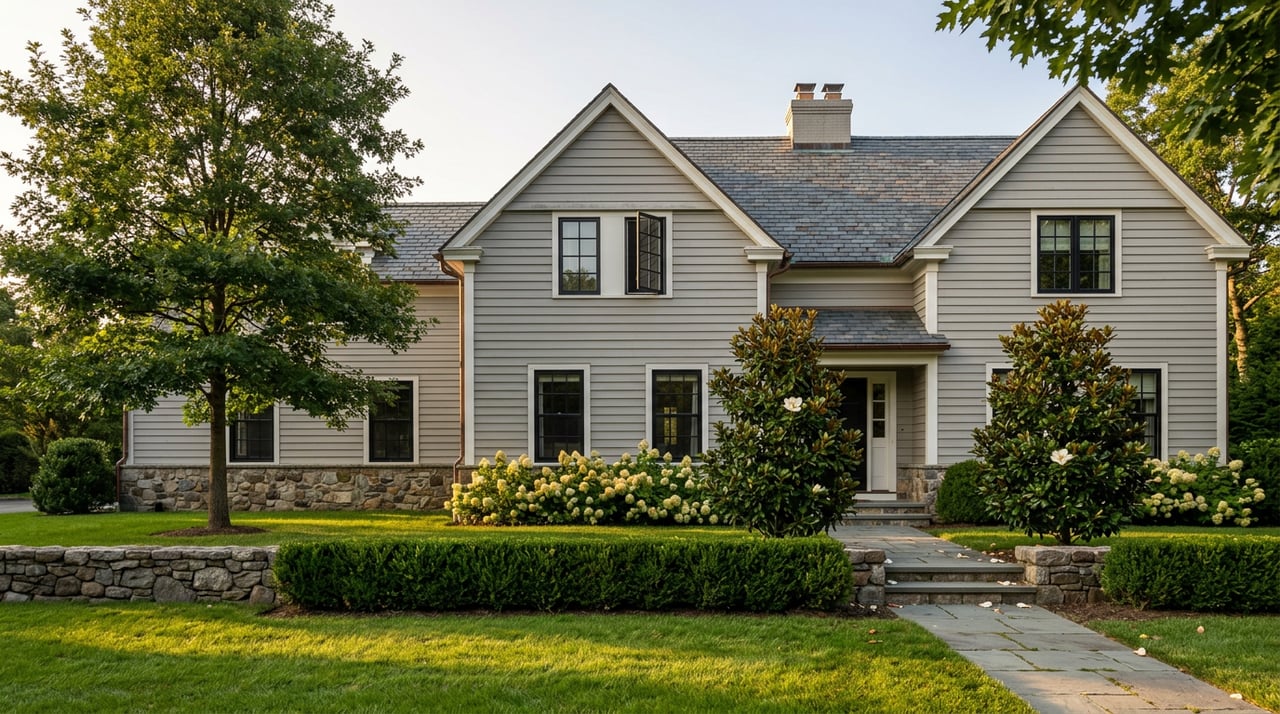 Two-story dove-gray gabled house with paired chimneys, a broad lawn, stone wall, clipped hedge, and flowering magnolias.