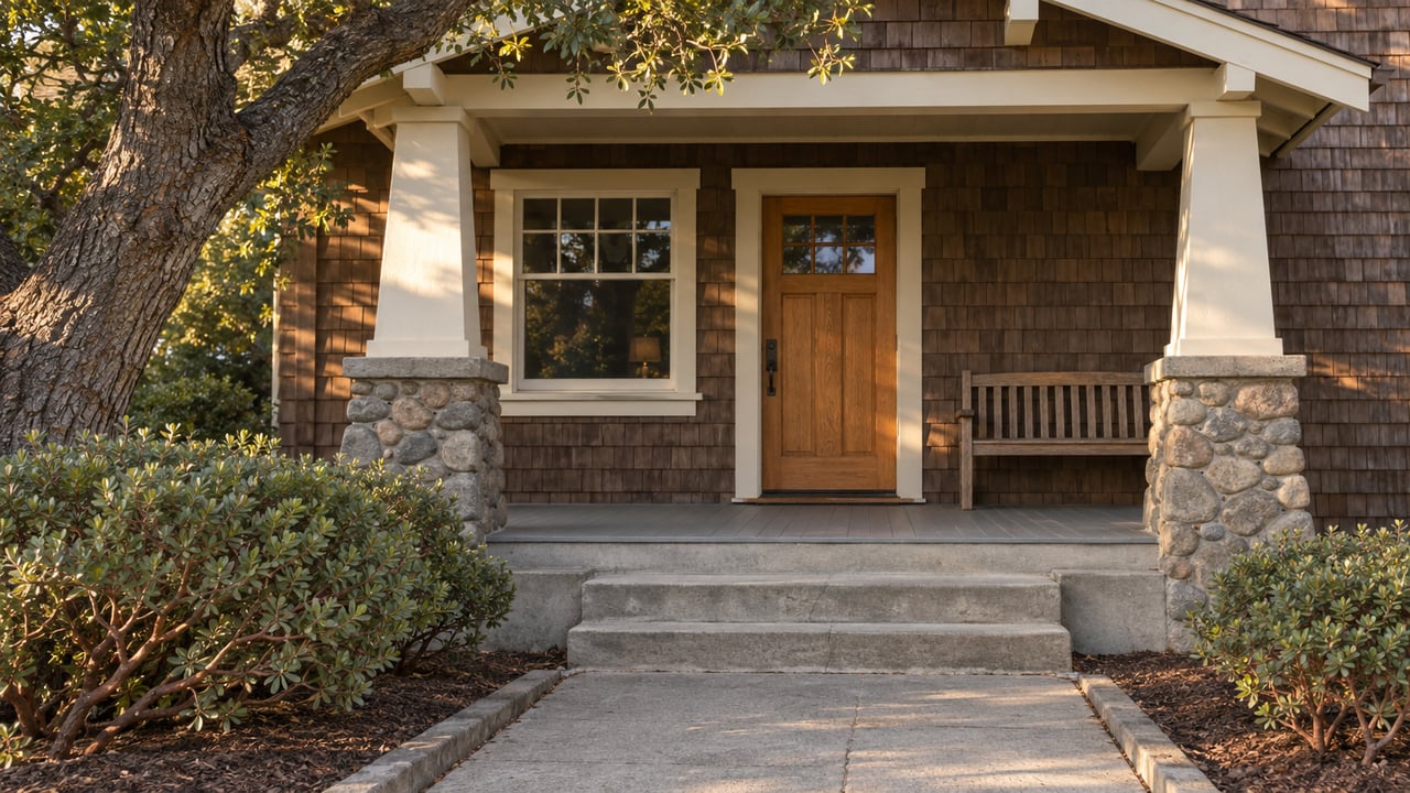 A shingled home's shaded front porch with tapered cream columns, river-stone piers and a garden-lined concrete approach.