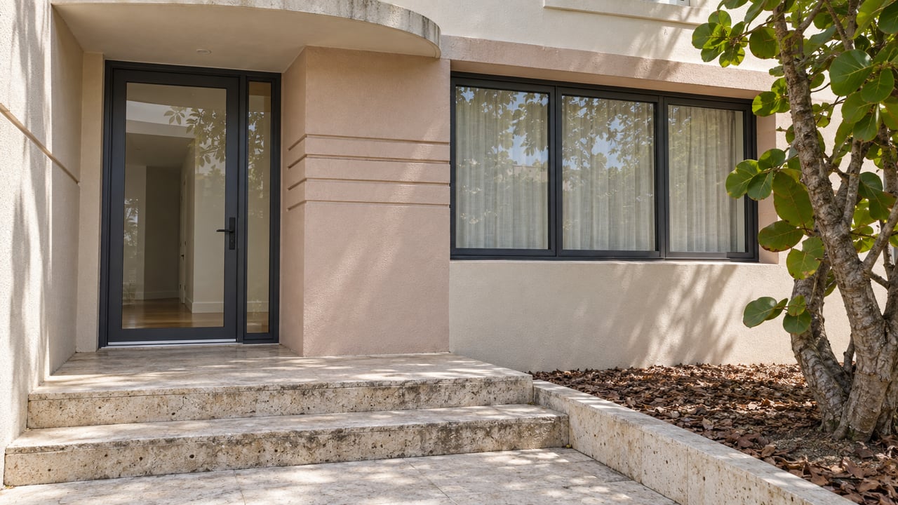 Cream and blush stucco residential entrance with a curved canopy, charcoal-framed glass door, limestone steps and a sea grape tree.