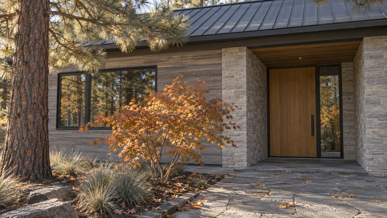 Wood-and-stone home entry beside a copper-leaved Japanese maple, pine tree, and irregular basalt paver path.