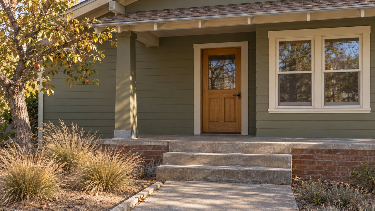Sunlit wood-sided home entrance with a sheltered wood door, concrete steps, an apple tree and tawny blue grama grasses.