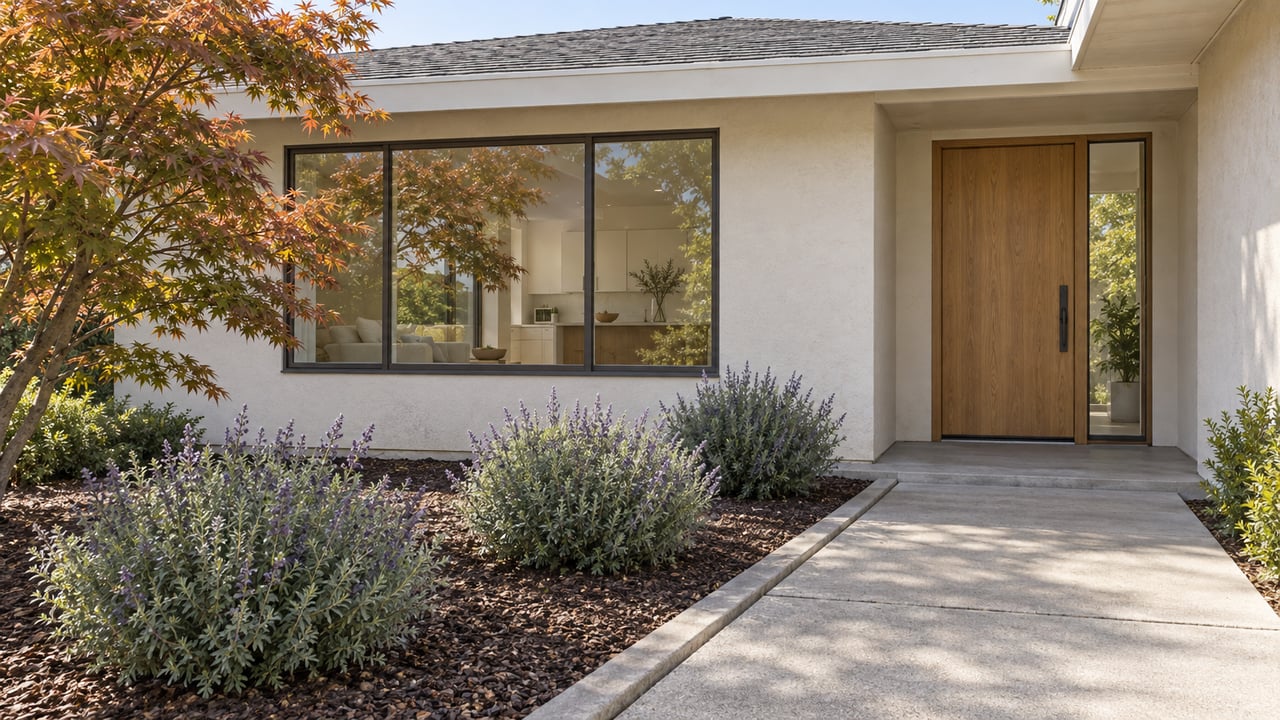 Updated single-story stucco home with a recessed oak entry, large bronze-framed window, concrete approach and a carefully spaced maple and sage garden.