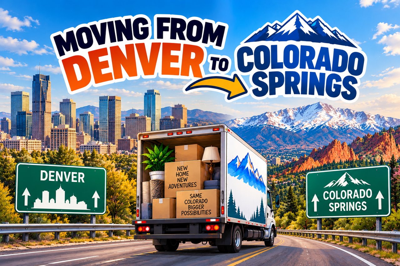 Moving truck heads from Denver toward Colorado Springs beneath a banner announcing the move.
