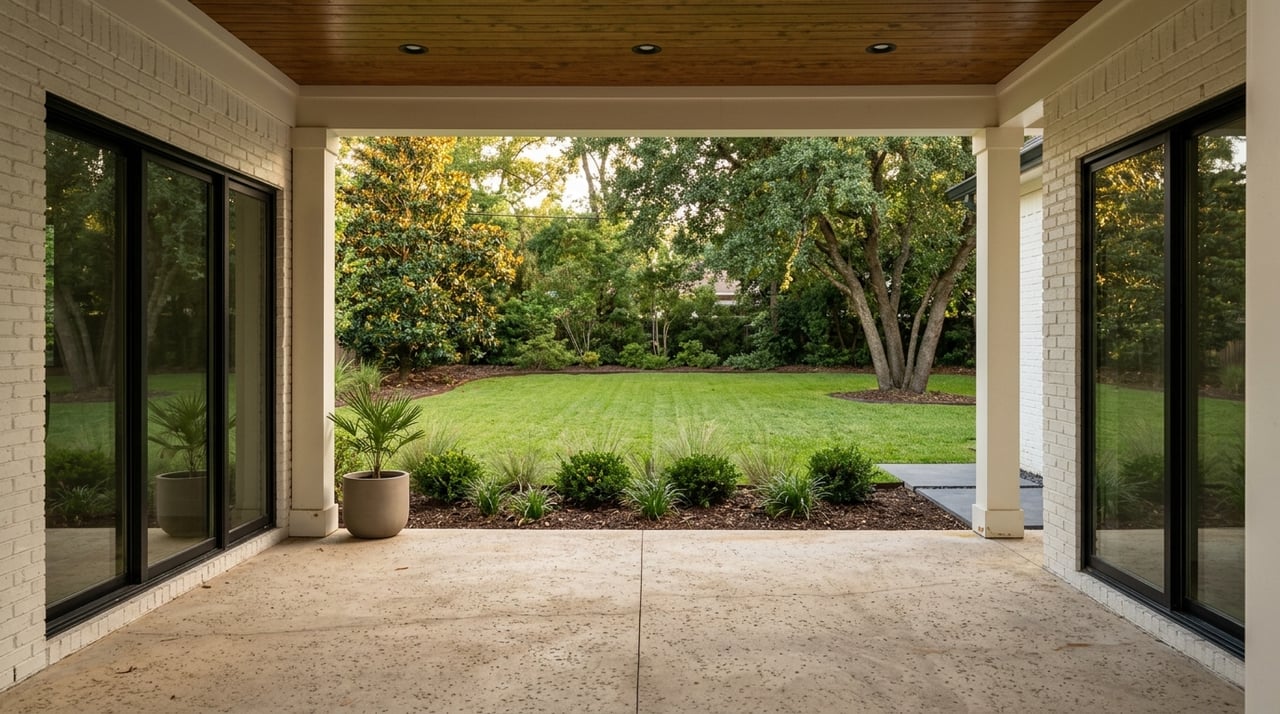 Covered patio opening onto a deep, landscaped backyard.