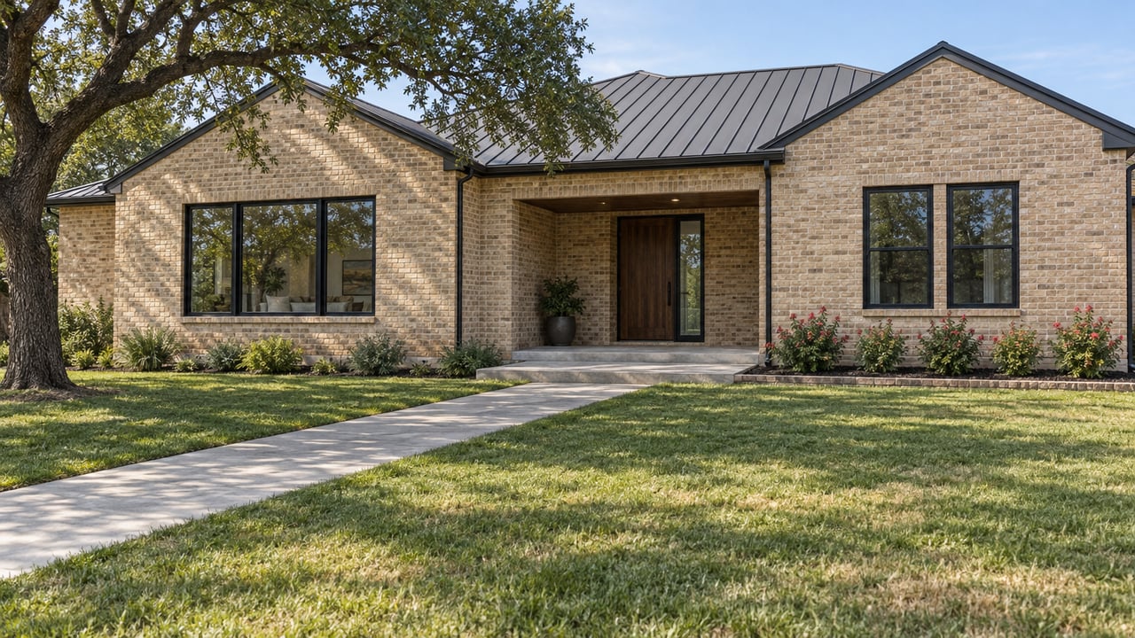 Buff-brick home with dark gabled roofs, black-framed windows, a recessed walnut entry, and a broad lawn beneath a spreading live oak.