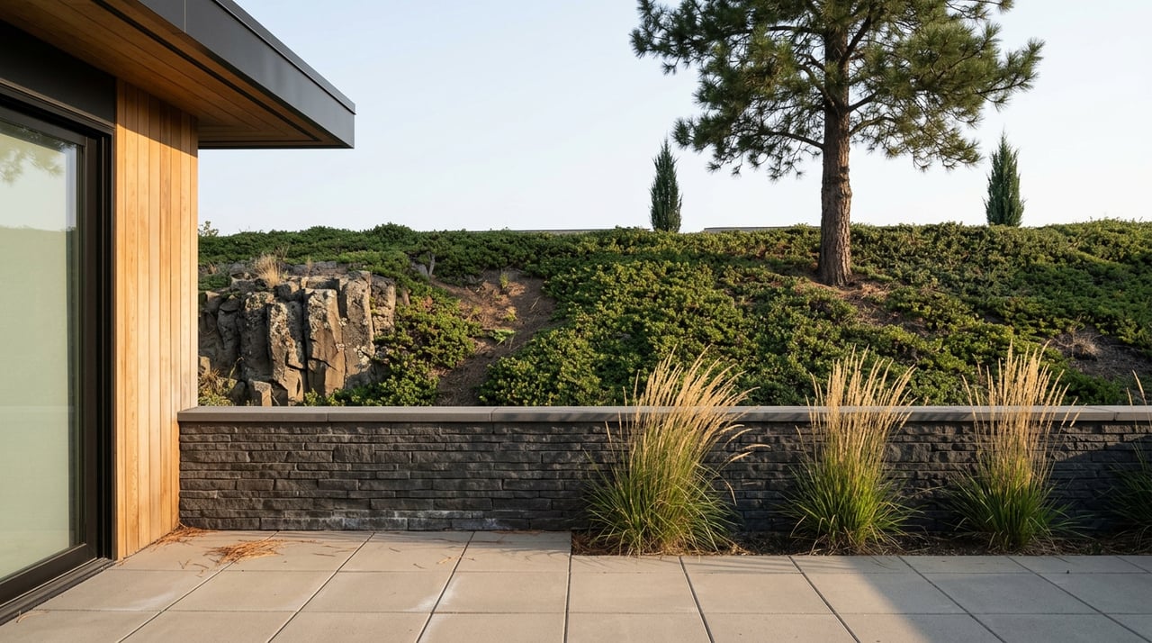 Concrete deck overlooks a planted slope with a basalt outcrop, groundcover, grasses, and conifers.