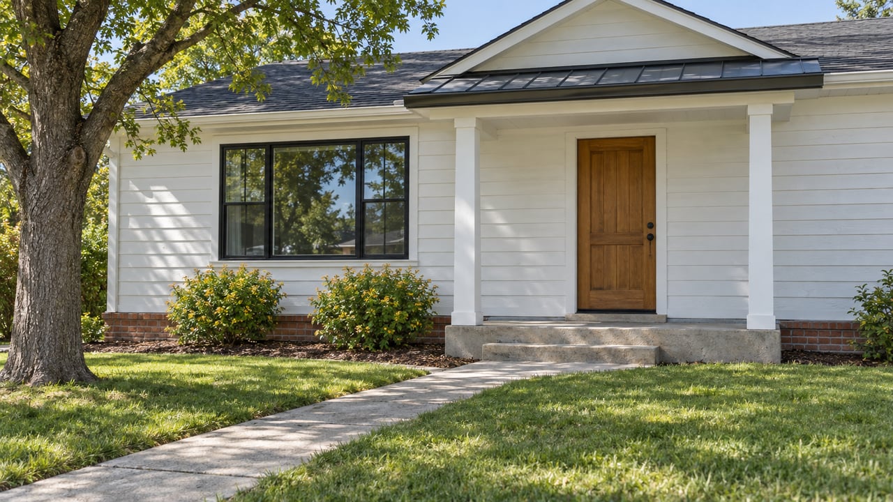 White-sided single-story home with a timber front door, concrete porch steps and a lawn beneath a mature deciduous tree.